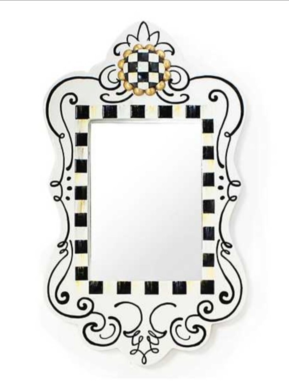White and Black Decorative "Doodles" Wall Mirror with Checkerboard Accent
